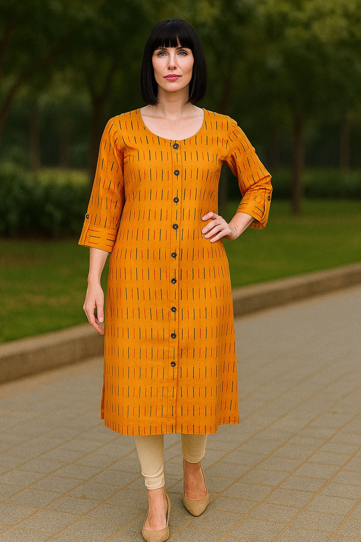 Silakaari Tahira Yellow Printed Straight Cut Cotton Long Kurti