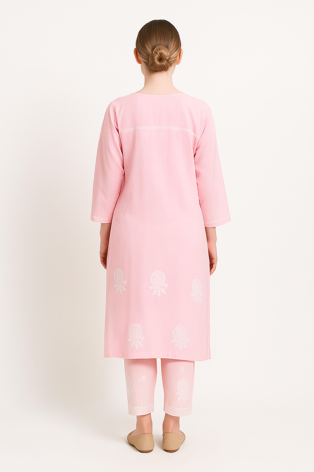 Silakaari Women's Baby Pink Modal Lucknowi Kurti Palazzo Set