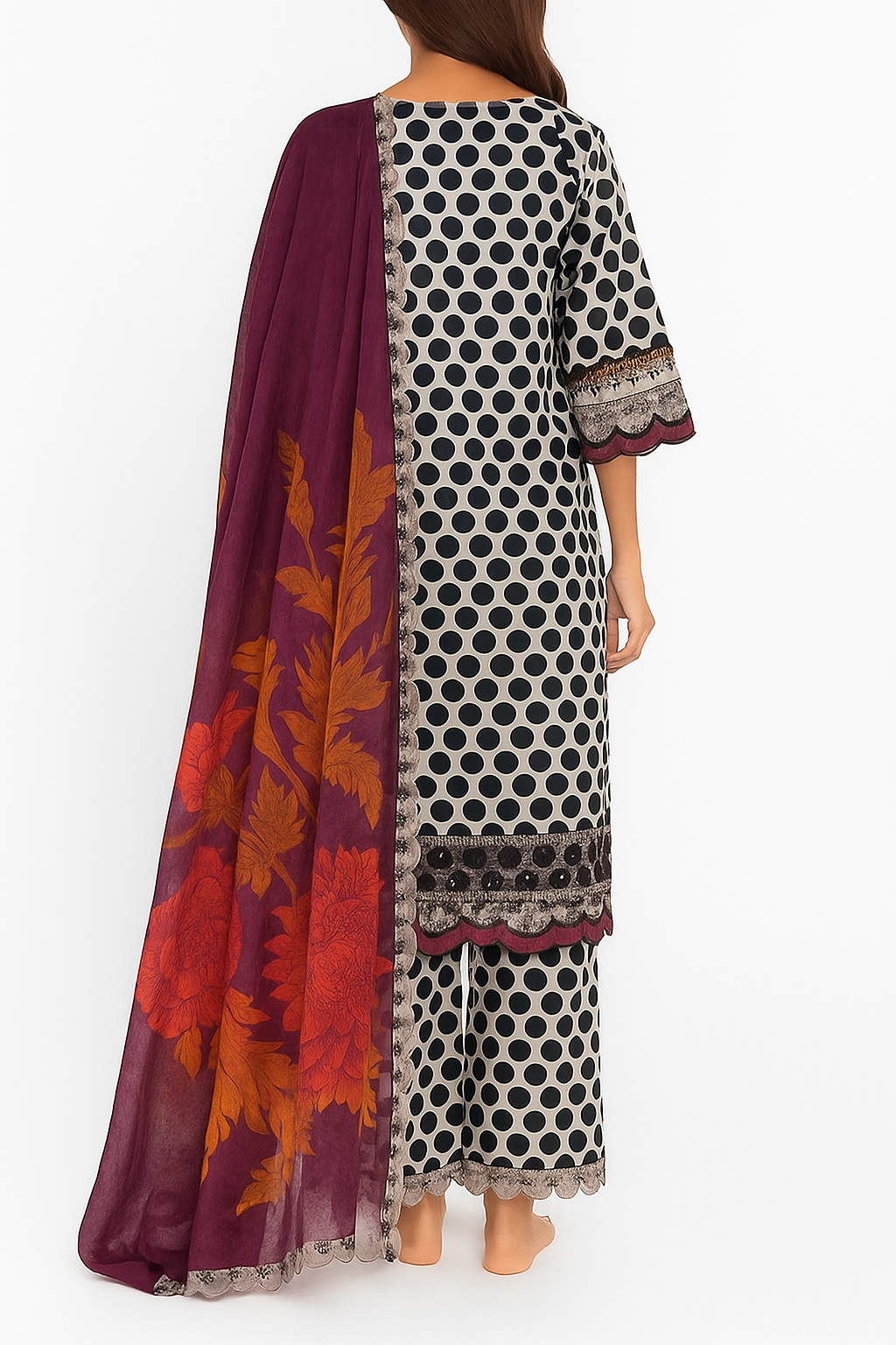 Silakaari Farhat Polka Dot Pure Lawn Beige-Black Luxury Ready-Made Dress
