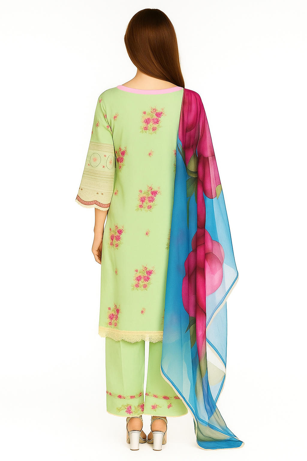 Silakaari Haseen Floss Green Pure Lawn Floral Organza Patch Work Premium Ready-Made Dress