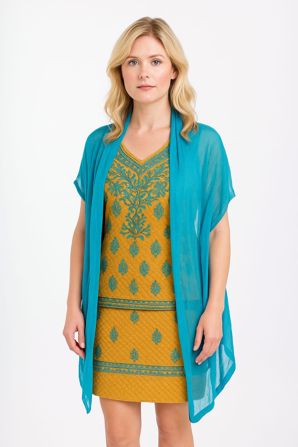 Silakaari Suhagan Beige-Blue Premium HandWork Lucknowi Chikankari Unstitched Dress Material
