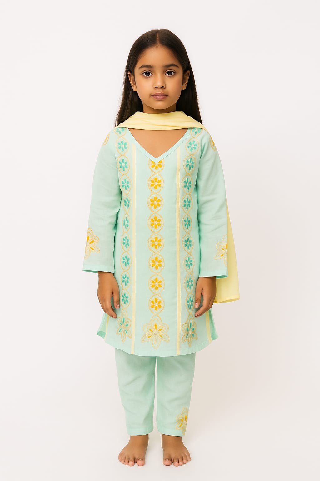 Silakaari Sadaf Green-Yellow Pure Cotton Lucknowi ChikanKari Anarkali Kurti Pant With Dupatta Set For Girls