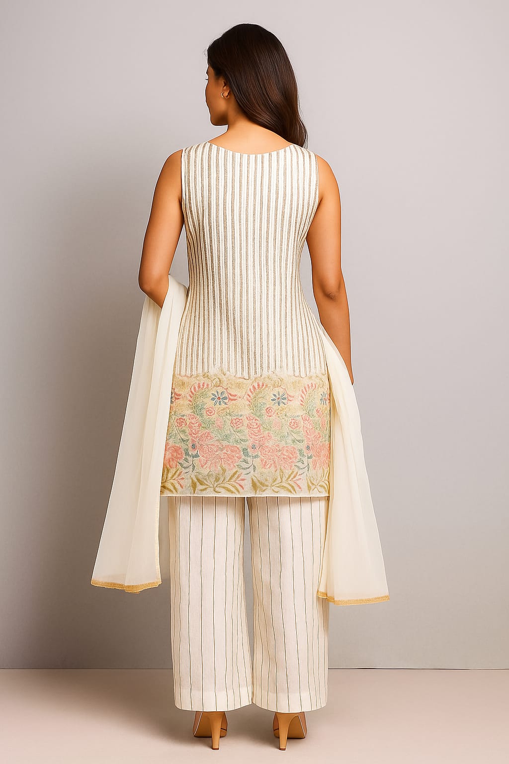 Silakaari Pure Cream Gold Sequin Hand-Work Party Wear Crepe Fancy Kurti Palazzo Set