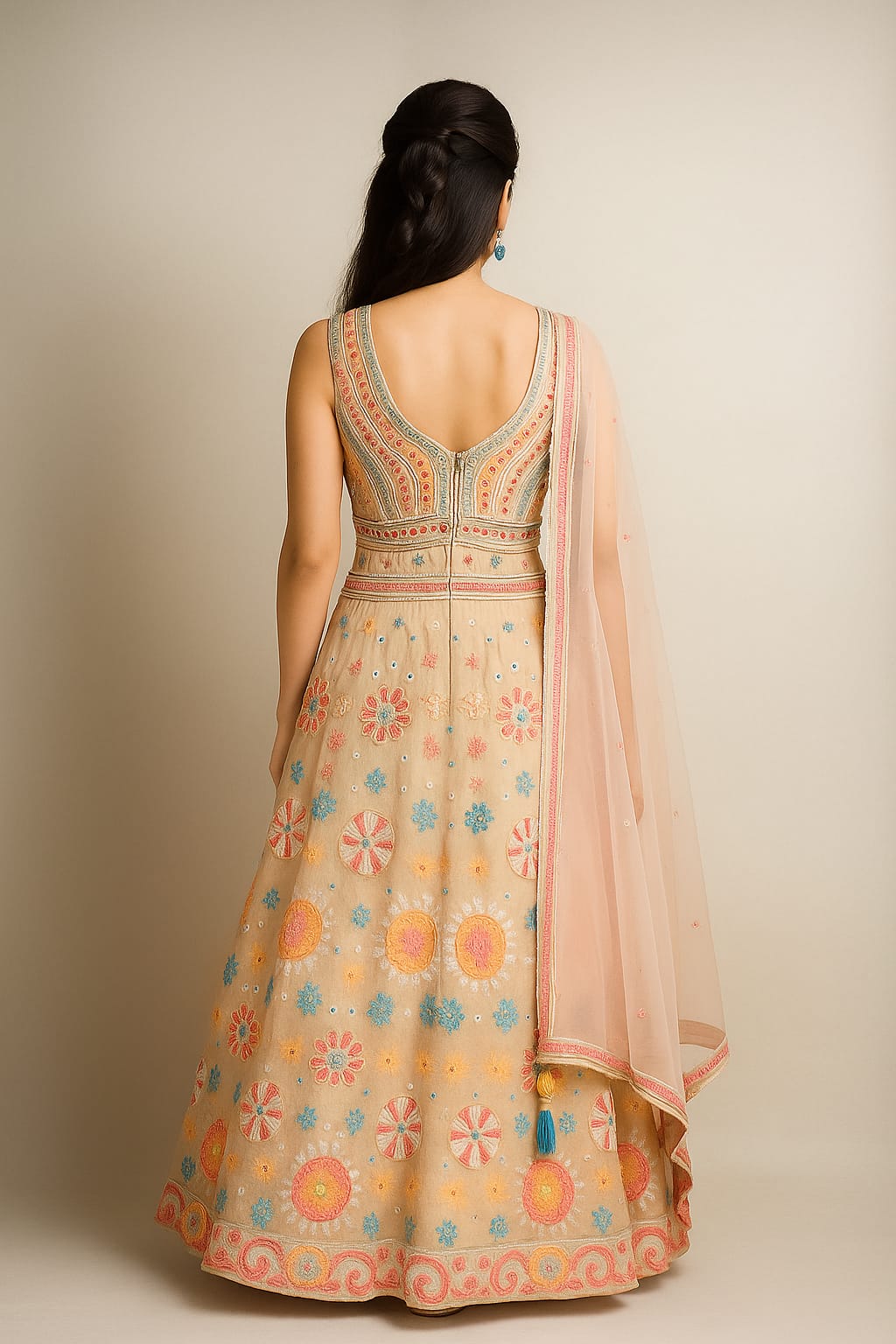 Silakaari Beige Pure Net Heavy Embroidery Mirror Thread Work Unstitched Lehenga Sharara Set