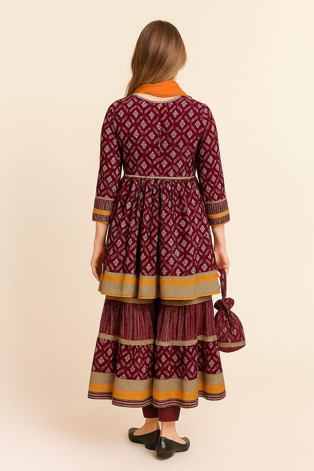 Silakaari Women's Maroon & Yellow Heavy Gotta Patti Full Garara Set With Potli