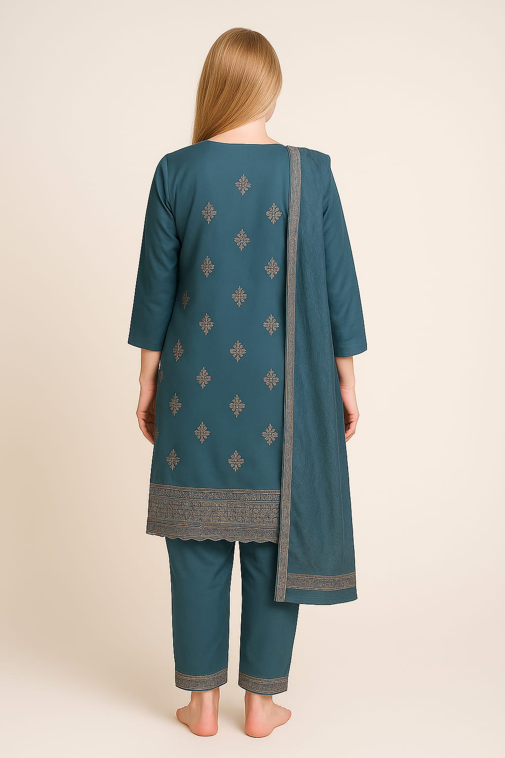 Silakaari Women's Fine Embroidered Dola Silk Kurti Pant Dupatta Set