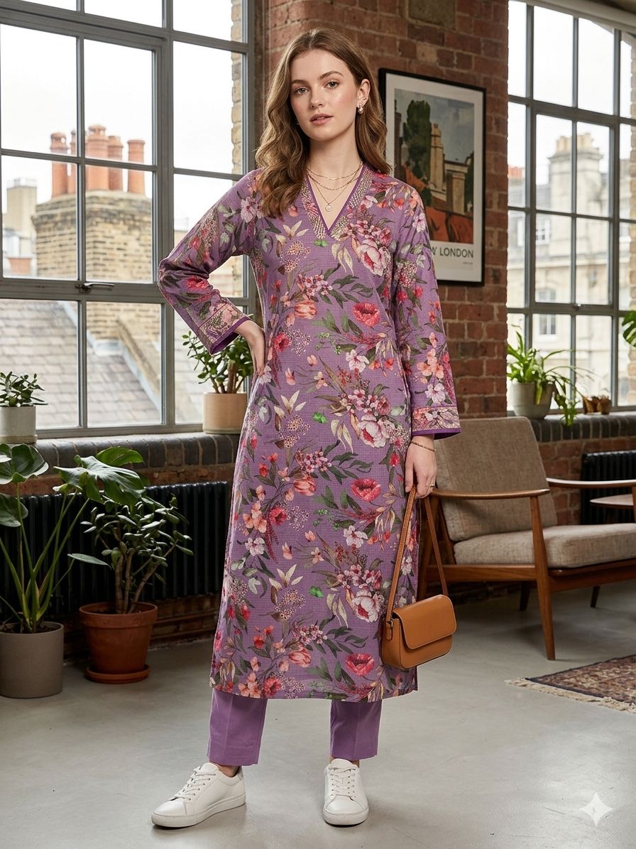 Silakaari Elaf Lavender Floral Printed Cotton Kota Long Kurti with V-Neck