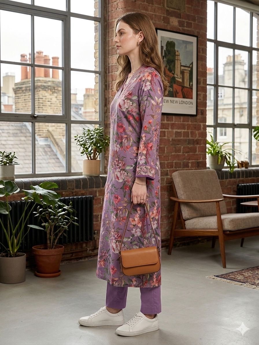 Silakaari Elaf Lavender Floral Printed Cotton Kota Long Kurti with V-Neck
