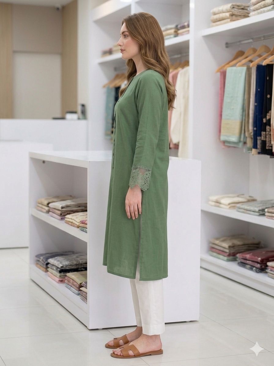 Silakaari Maeve Solid Green Cotton Kurti Front Button Full Sleeves with Lace