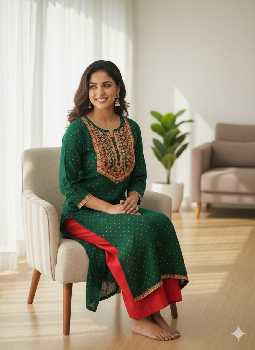 Silakaari Bilquis Dark green Mirror Embroidery Work Long Kurti With Button Detail