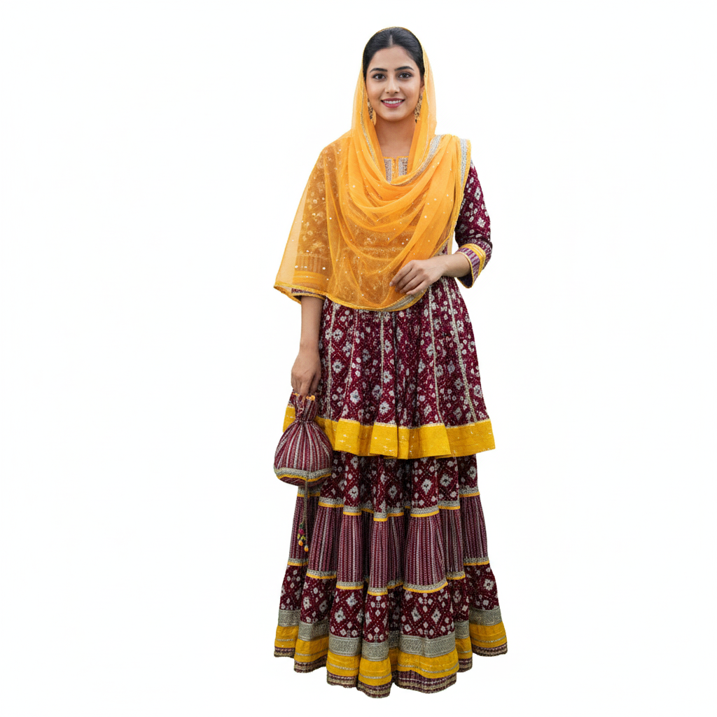 Silakaari Women's Maroon & Yellow Heavy Gotta Patti Full Garara Set With Potli