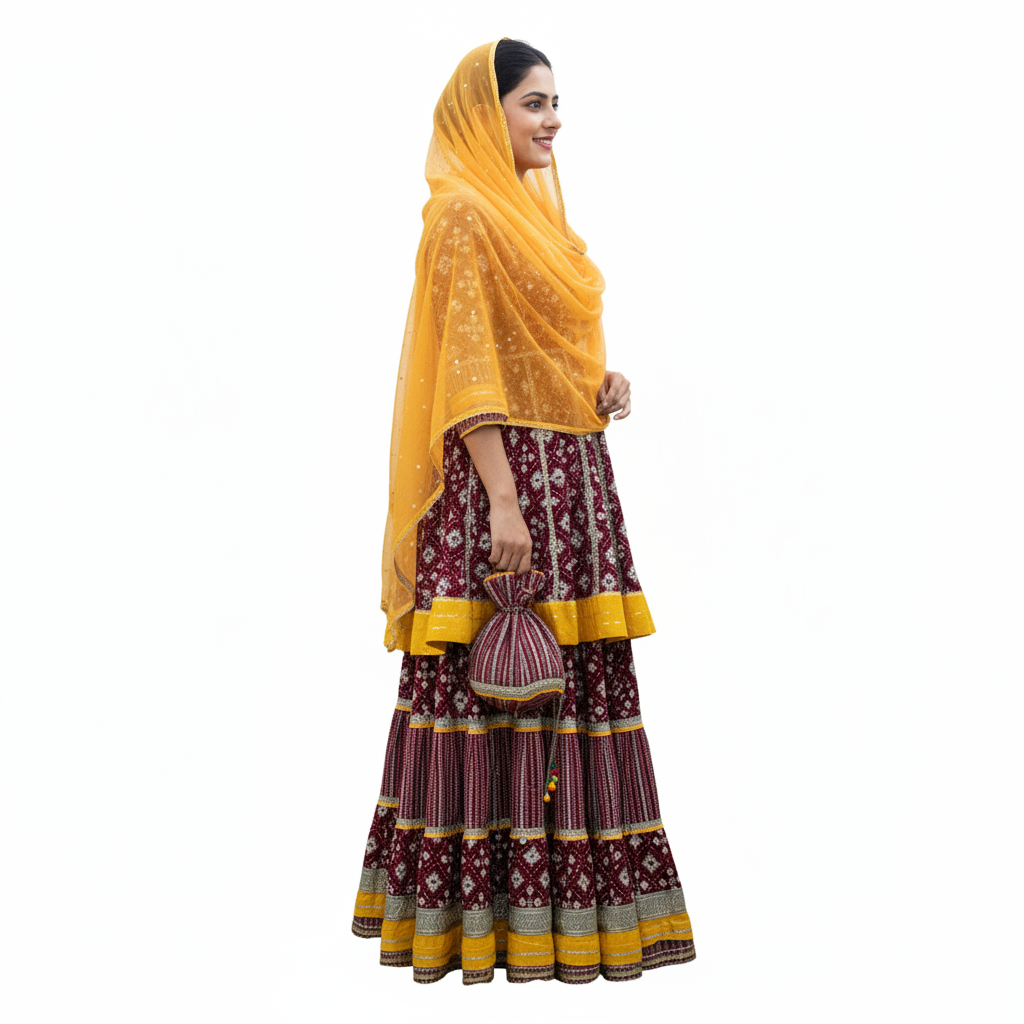 Silakaari Women's Maroon & Yellow Heavy Gotta Patti Full Garara Set With Potli
