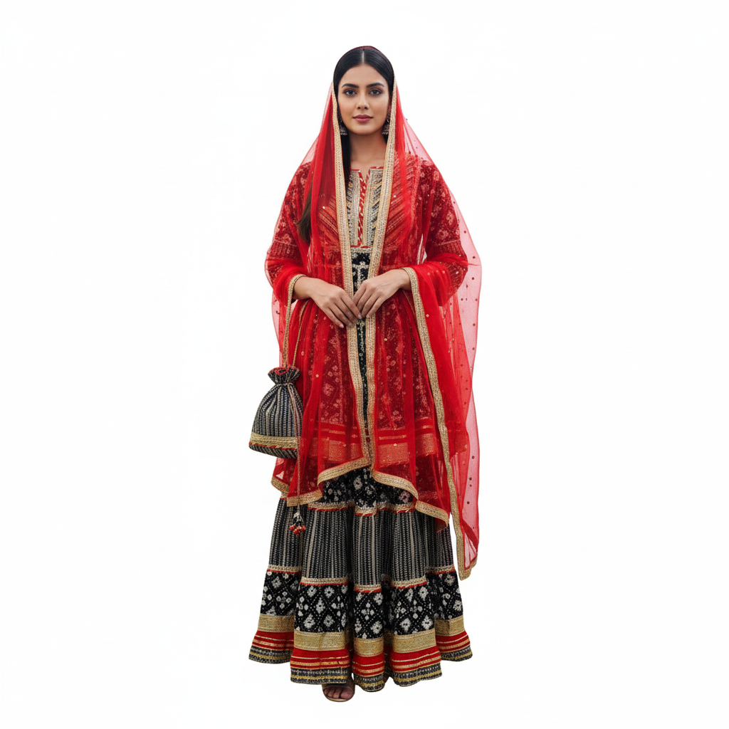 Silakaari Women's Black-Red Heavy Gota Patti Full Garara Set With Potli