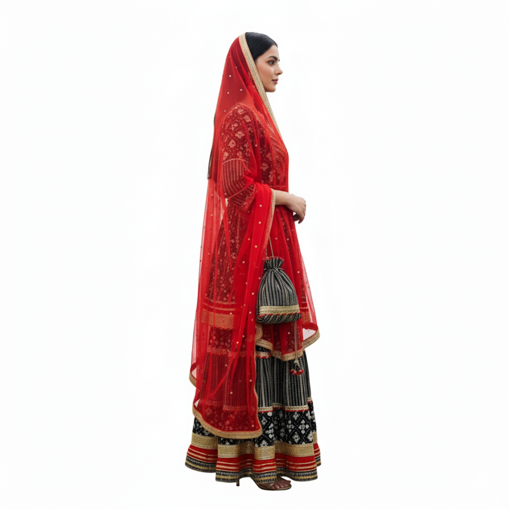 Silakaari Women's Black-Red Heavy Gota Patti Full Garara Set With Potli