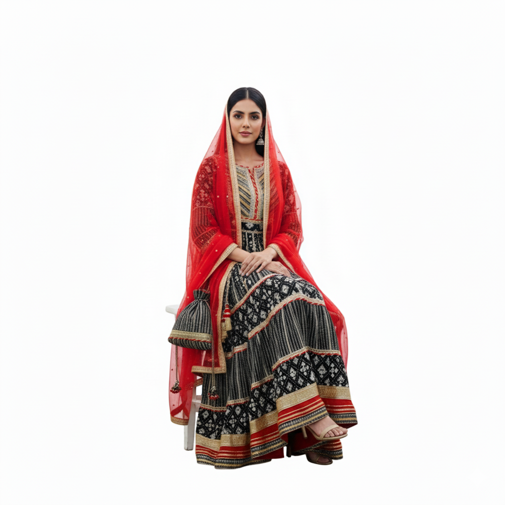 Silakaari Women's Black-Red Heavy Gota Patti Full Garara Set With Potli