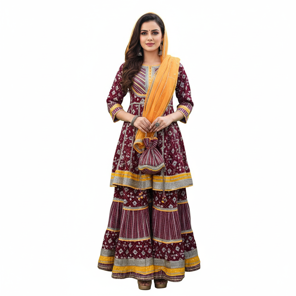 Silakaari Women's Maroon & Yellow Heavy Gotta Patti Full Garara Set With Potli