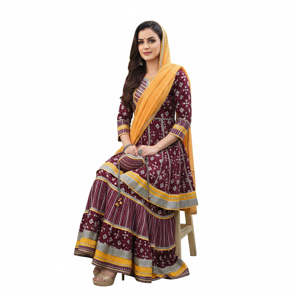 Silakaari Women's Maroon & Yellow Heavy Gotta Patti Full Garara Set With Potli