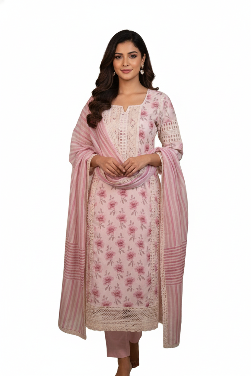 Silakaari Women's Pink & Cream Floral Gota Rose Ready Dress With dupatta