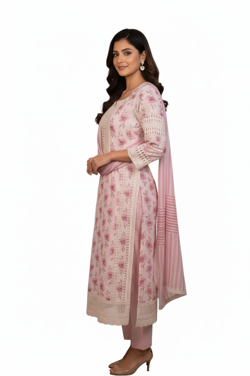 Silakaari Women's Pink & Cream Floral Gota Rose Ready Dress With dupatta