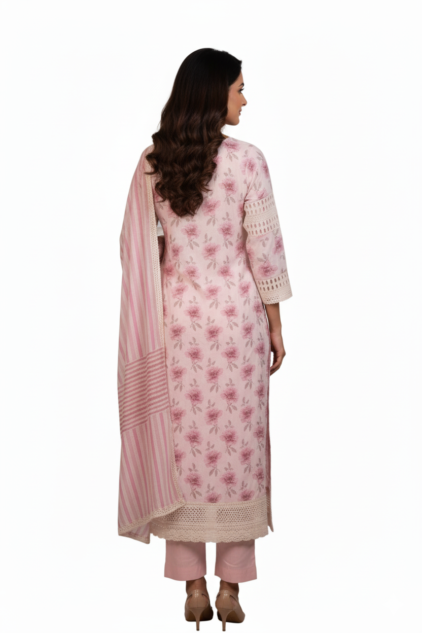 Silakaari Women's Pink & Cream Floral Gota Rose Ready Dress With dupatta