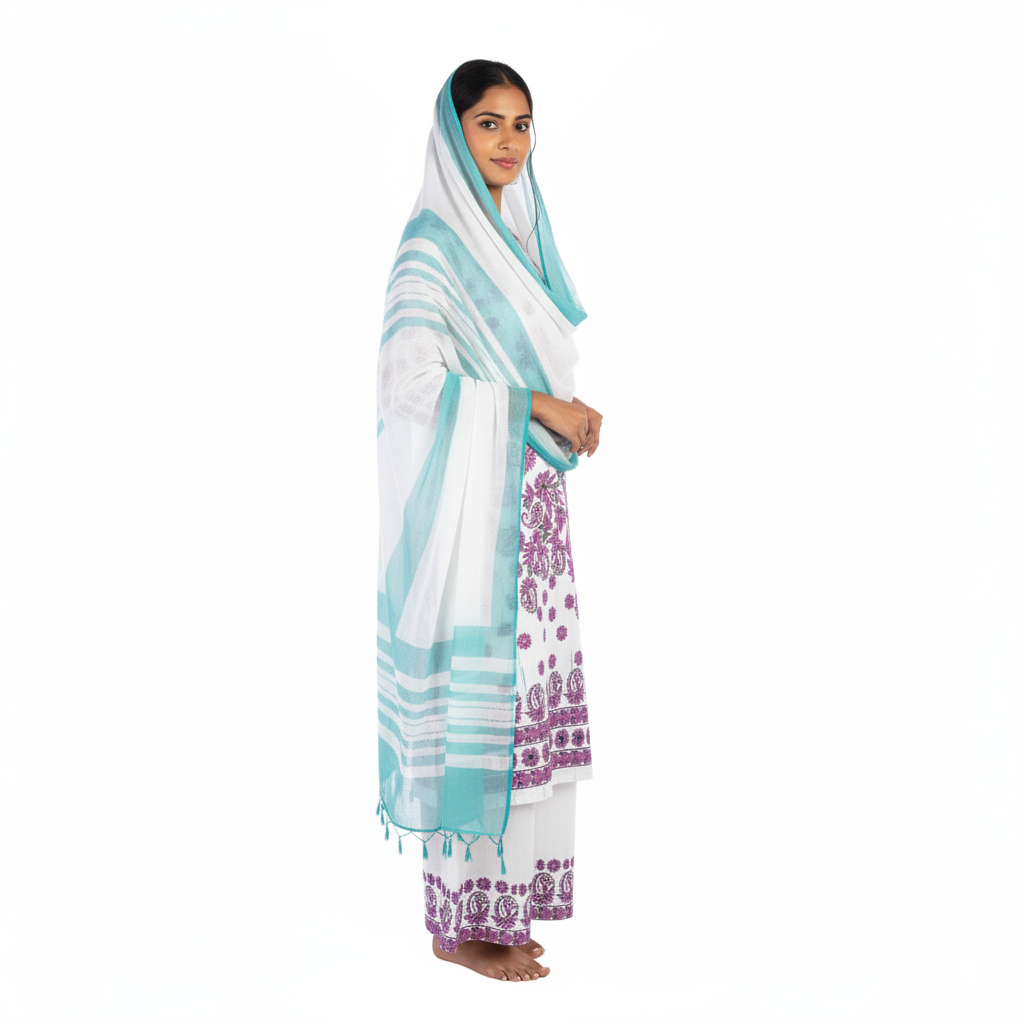 Silakaari Kamsin White-Purple Pure Chikankari Super Fine Embroidery Unstitched Dress Material