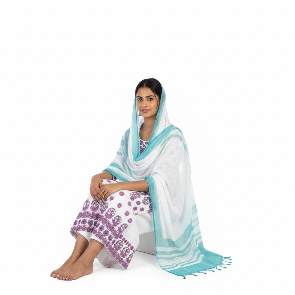 Silakaari Kamsin White-Purple Pure Chikankari Super Fine Embroidery Unstitched Dress Material