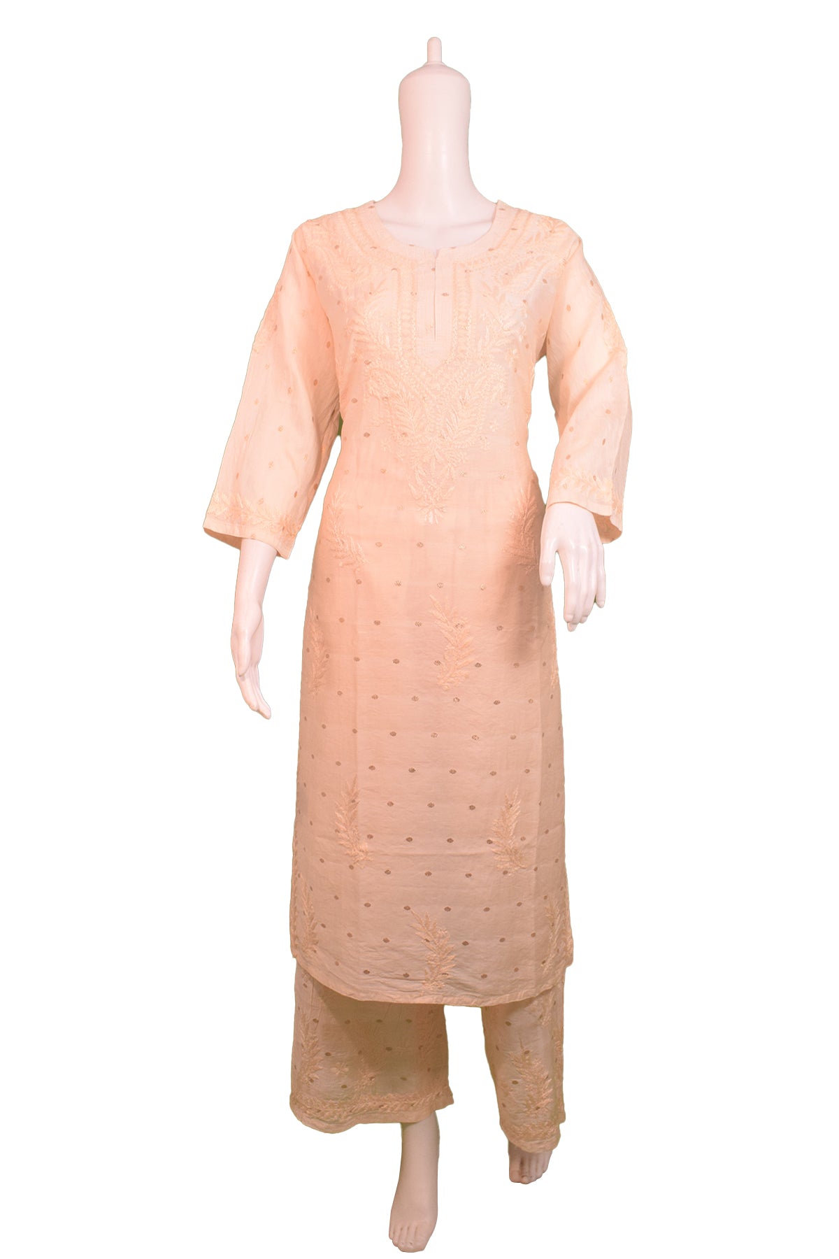 Silakaari Women's Pure Chanderi Golden Dots Kurti Palazzo Premium Lucknowi Set