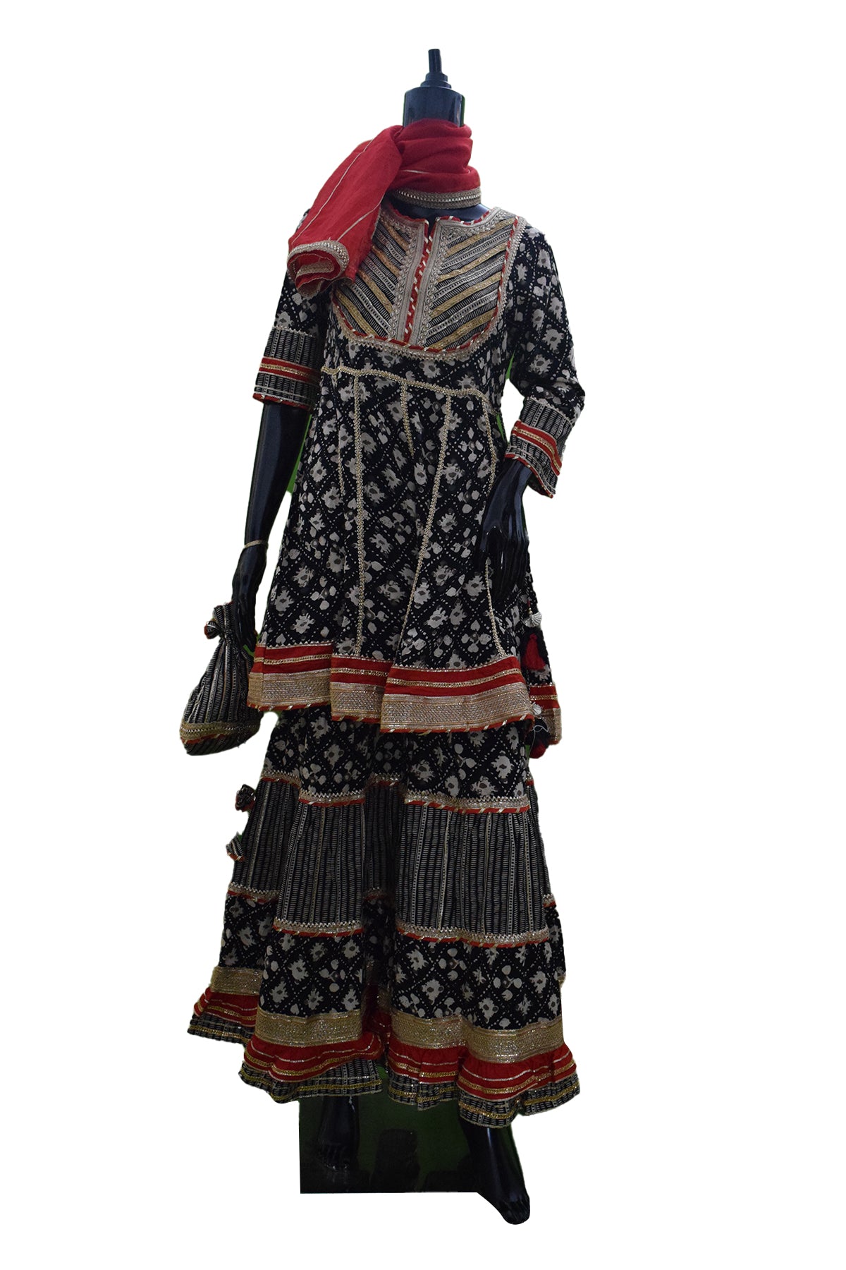 Silakaari Women's Black-Red Heavy Gota Patti Full Garara Set With Potli