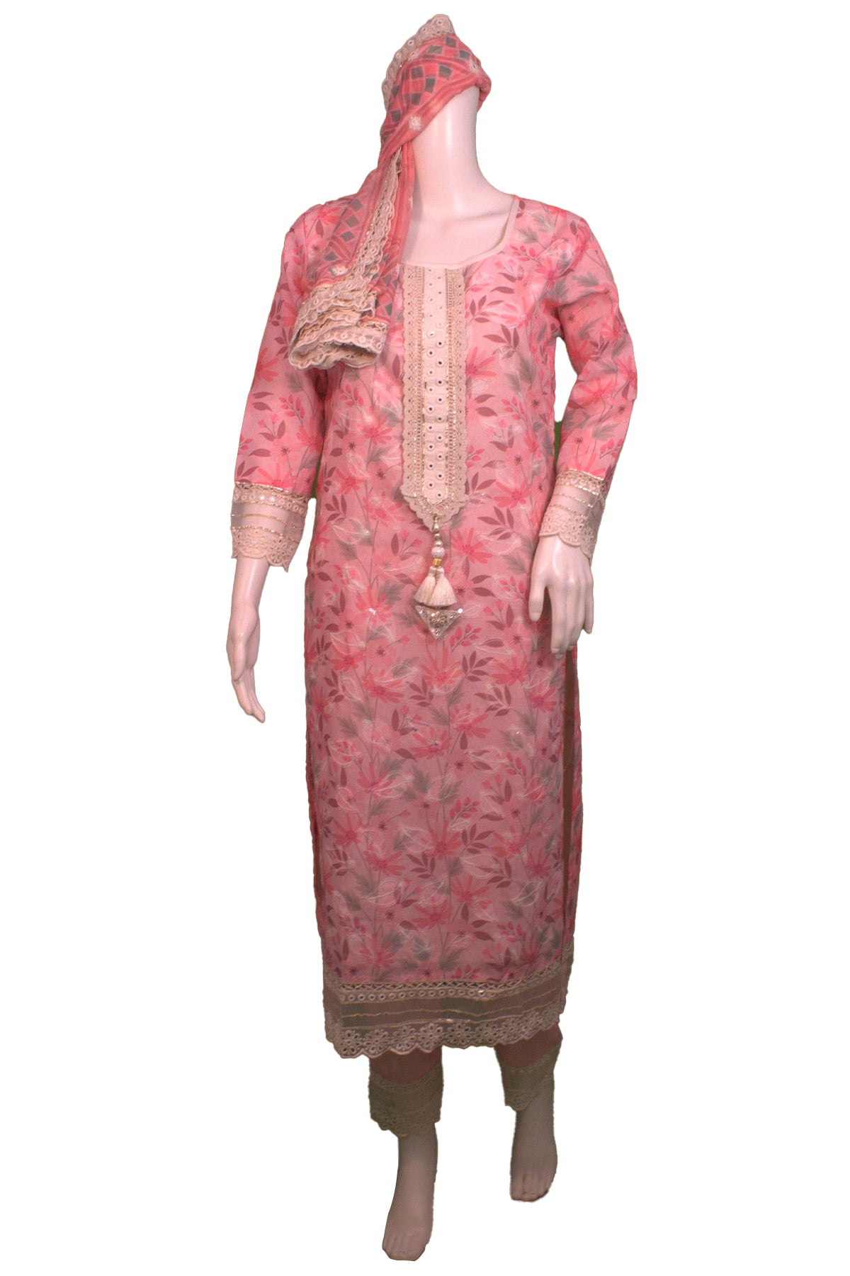 Silakaari Women's Pink Mirror Floral Lacy Front Designer Karachi Ready-made Dress