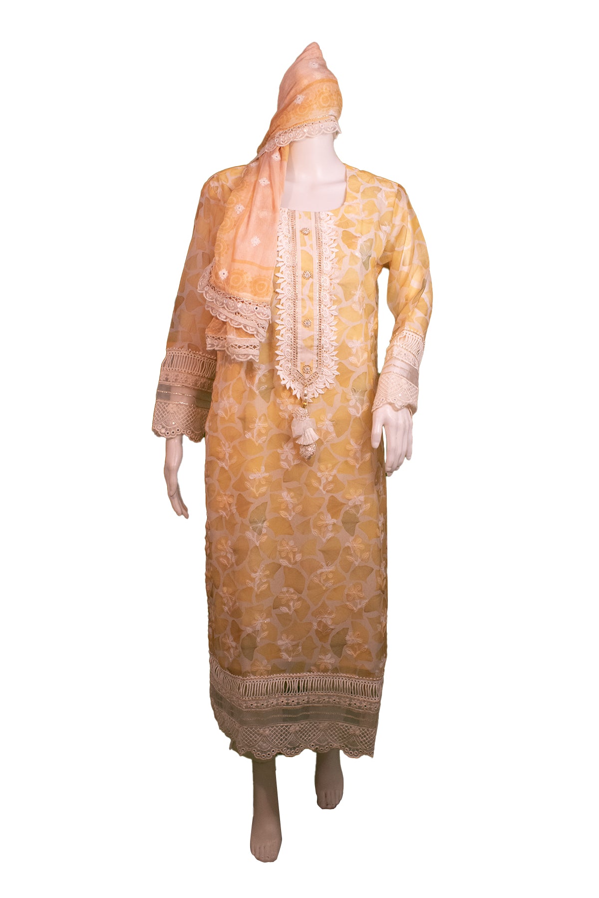Silakaari Women's Yellow Mirror Floral Lacy Front Designer Karachi Ready-made Dress