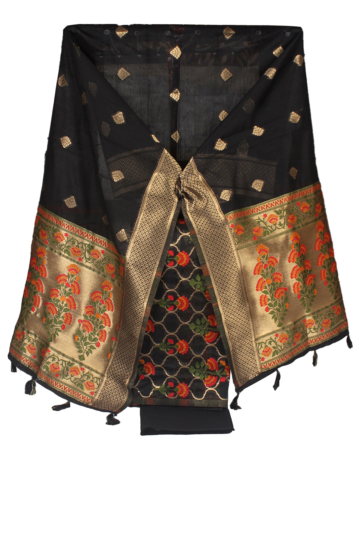 Silakaari Women's Black Zari Work Designer Banarasi Unstitched Dress Material