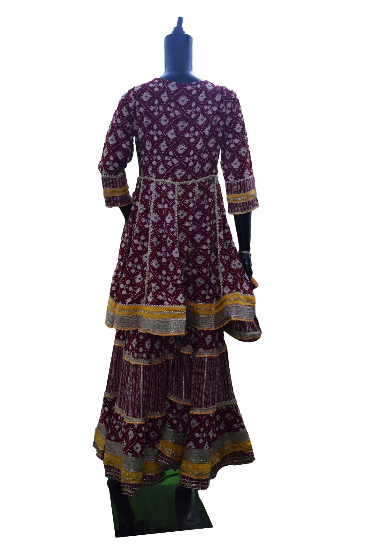 Silakaari Women's Maroon & Yellow Heavy Gotta Patti Full Garara Set With Potli