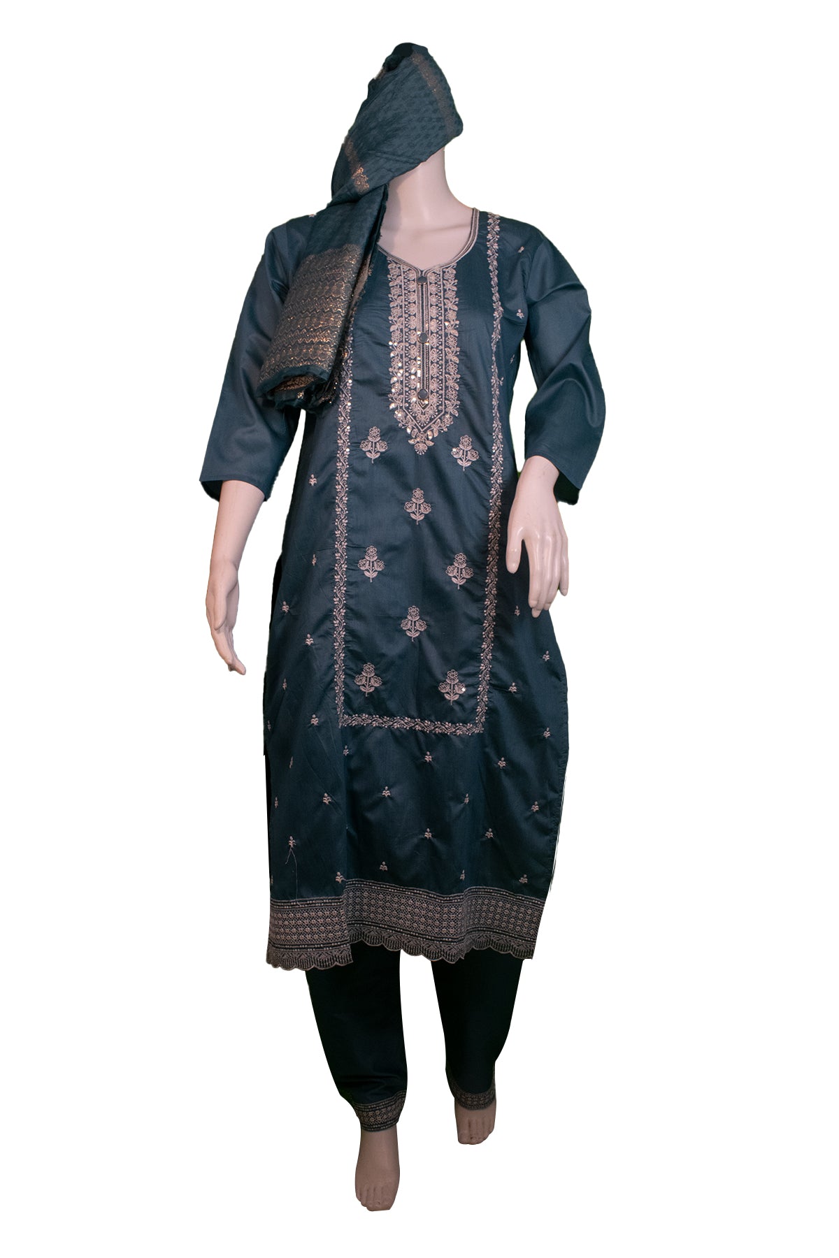 Silakaari Women's Fine Embroidered Dola Silk Kurti Pant Dupatta Set