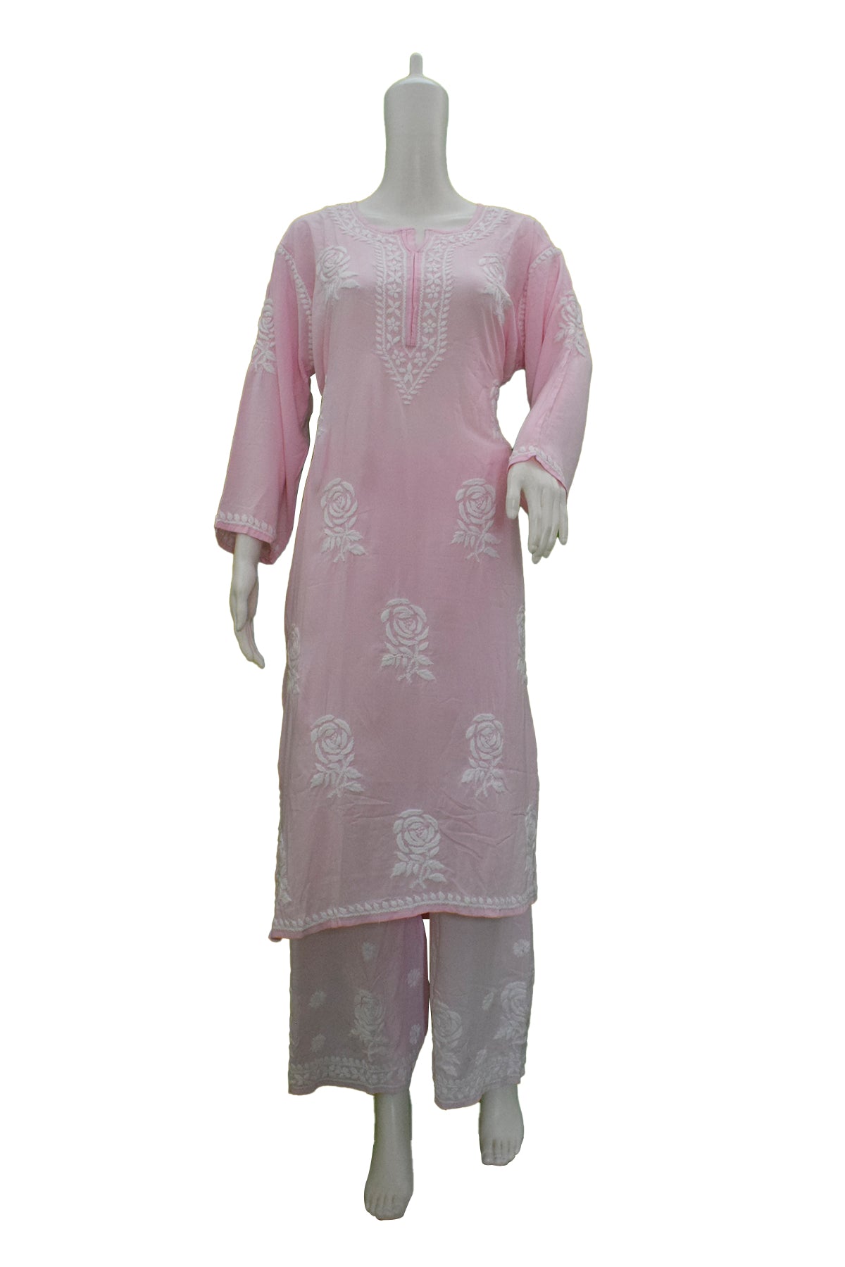 Silakaari Women's Baby Pink Modal Lucknowi Kurti Palazzo Set