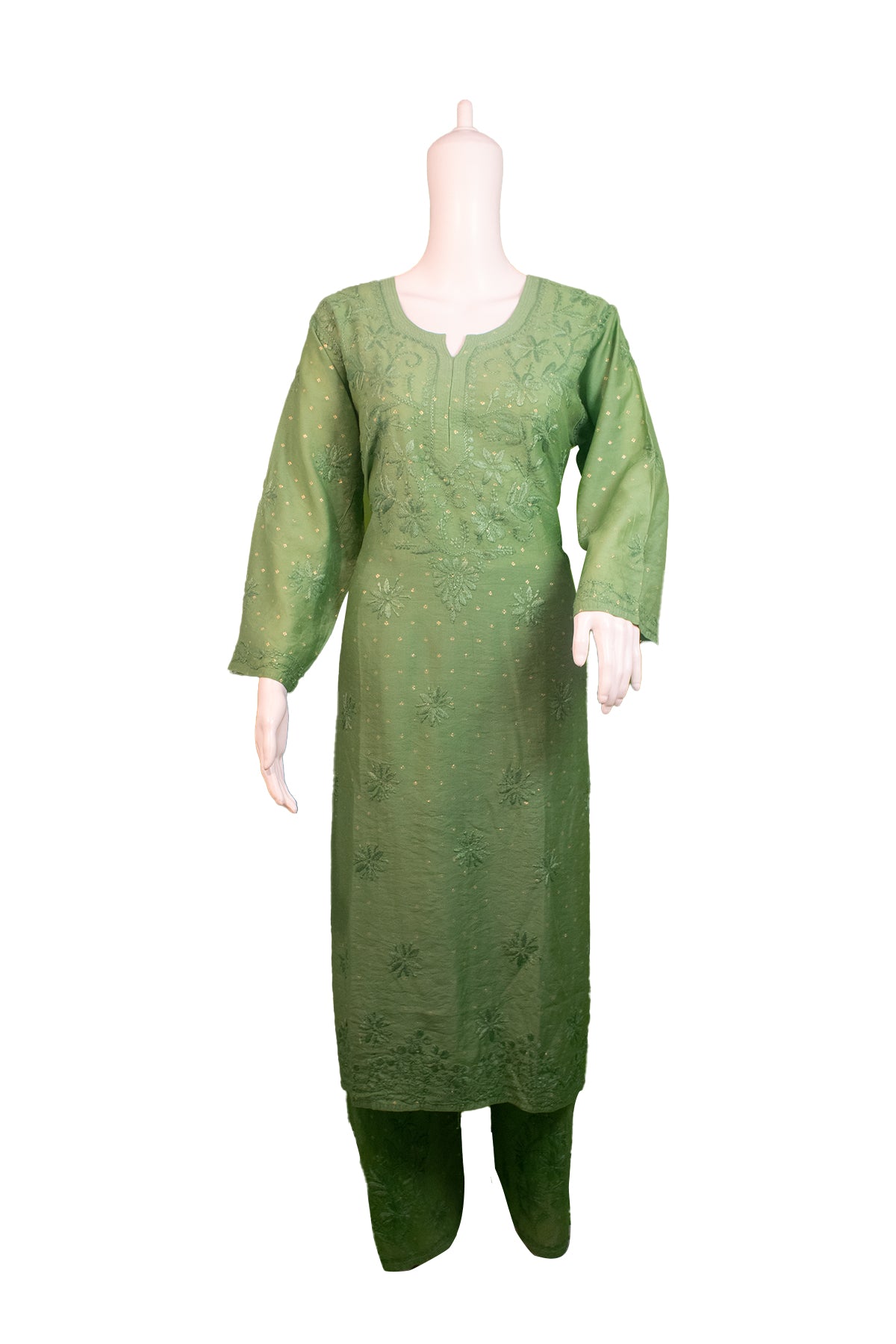 Silakaari Women's Pure Chanderi Golden Dots Kurti Palazzo Premium Lucknowi Set