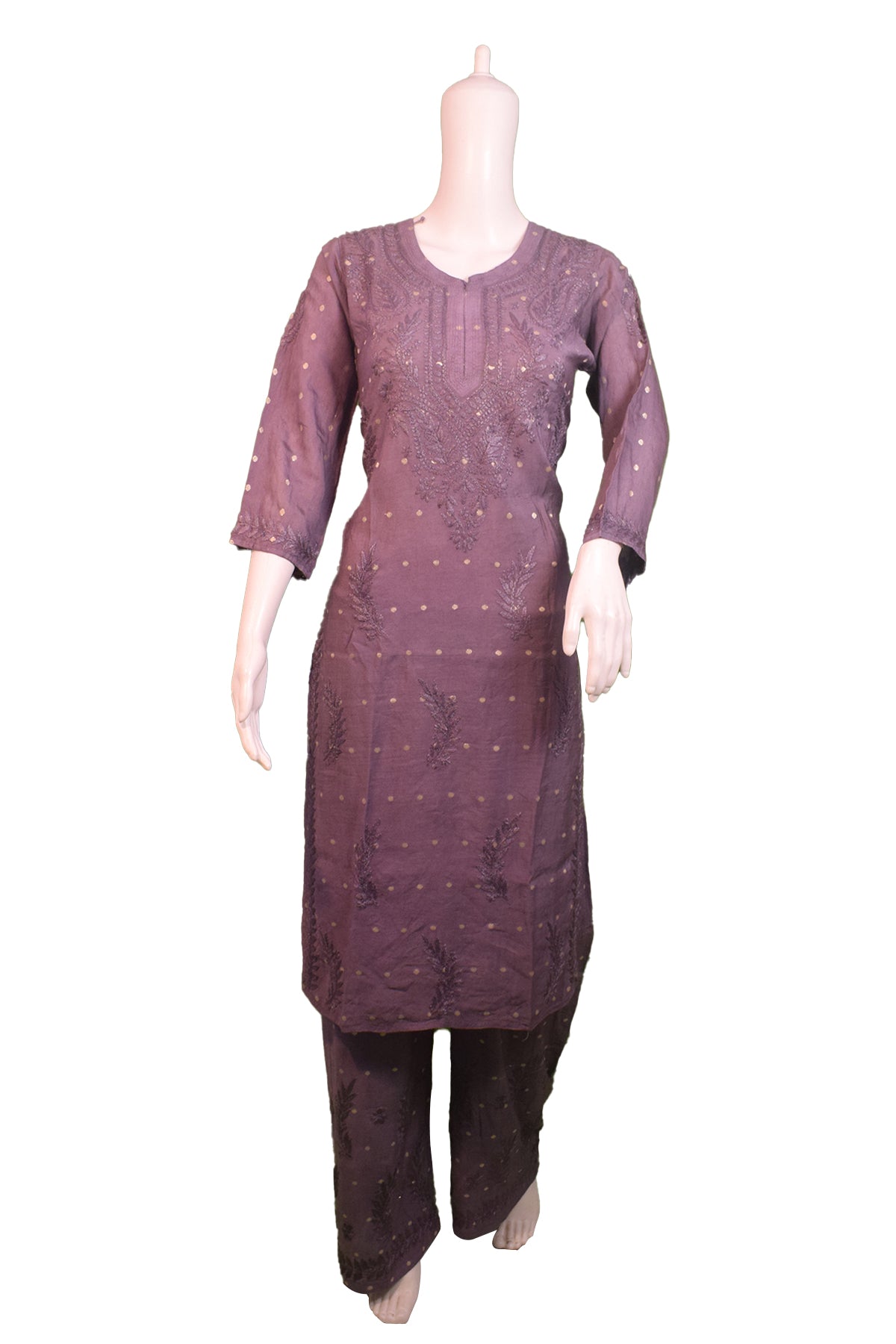 Silakaari Women's Pure Chanderi Golden Dots Kurti Palazzo Premium Lucknowi Set