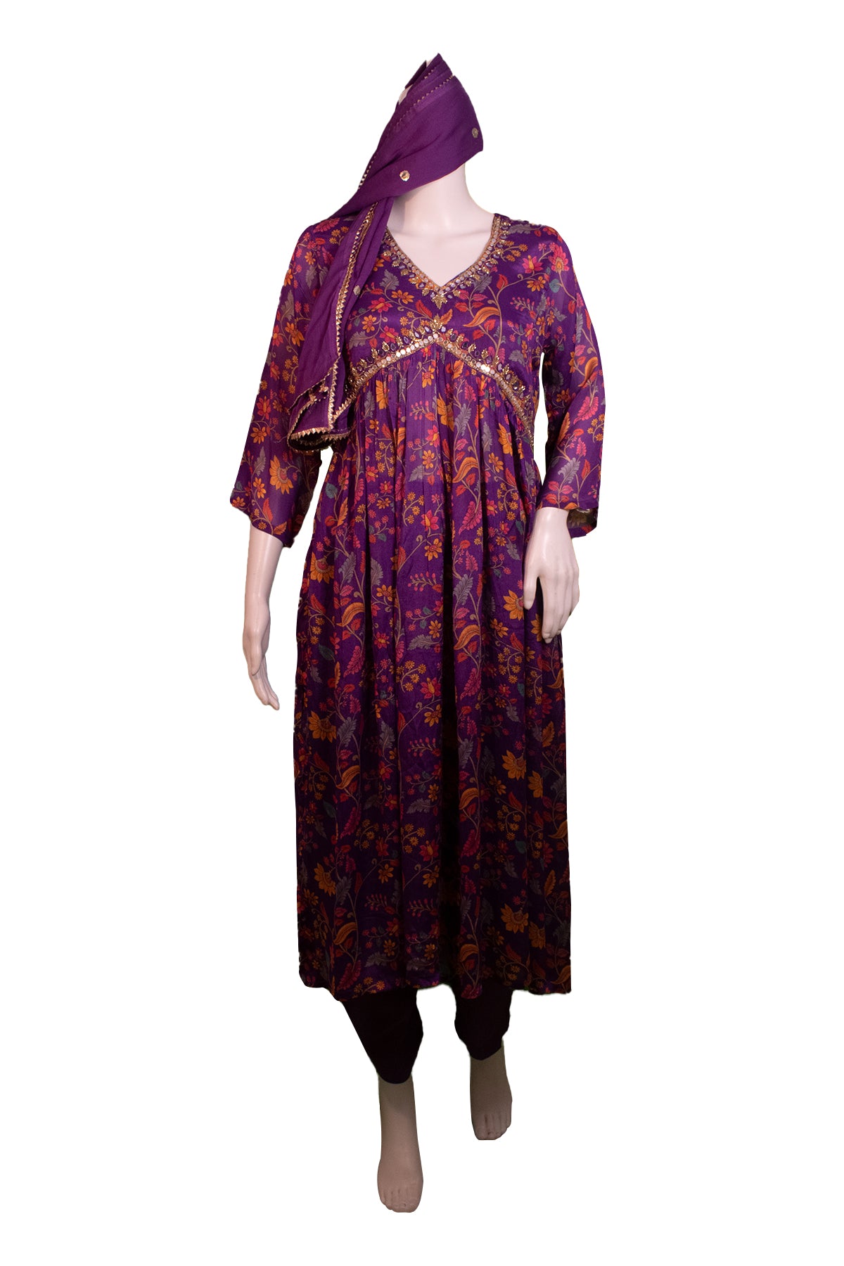 Silakaari Women's Mirror Work Chinon Alia Cut Pure Hand work Salwar Kameez Dupatta Set