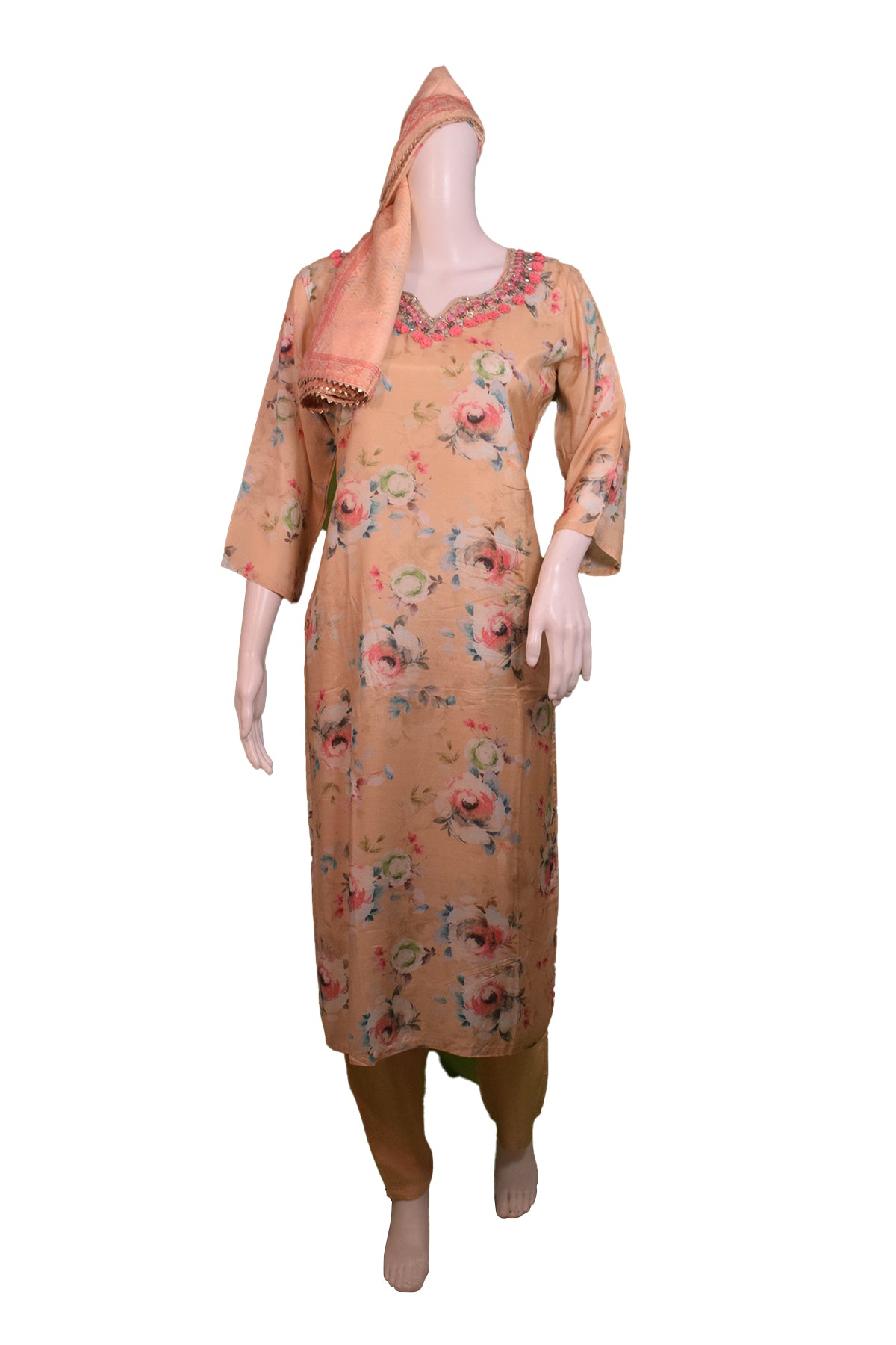 Silakaari Women's Beige-pink Sequin Mirror Salwar Kameez Digital Dupatta Set