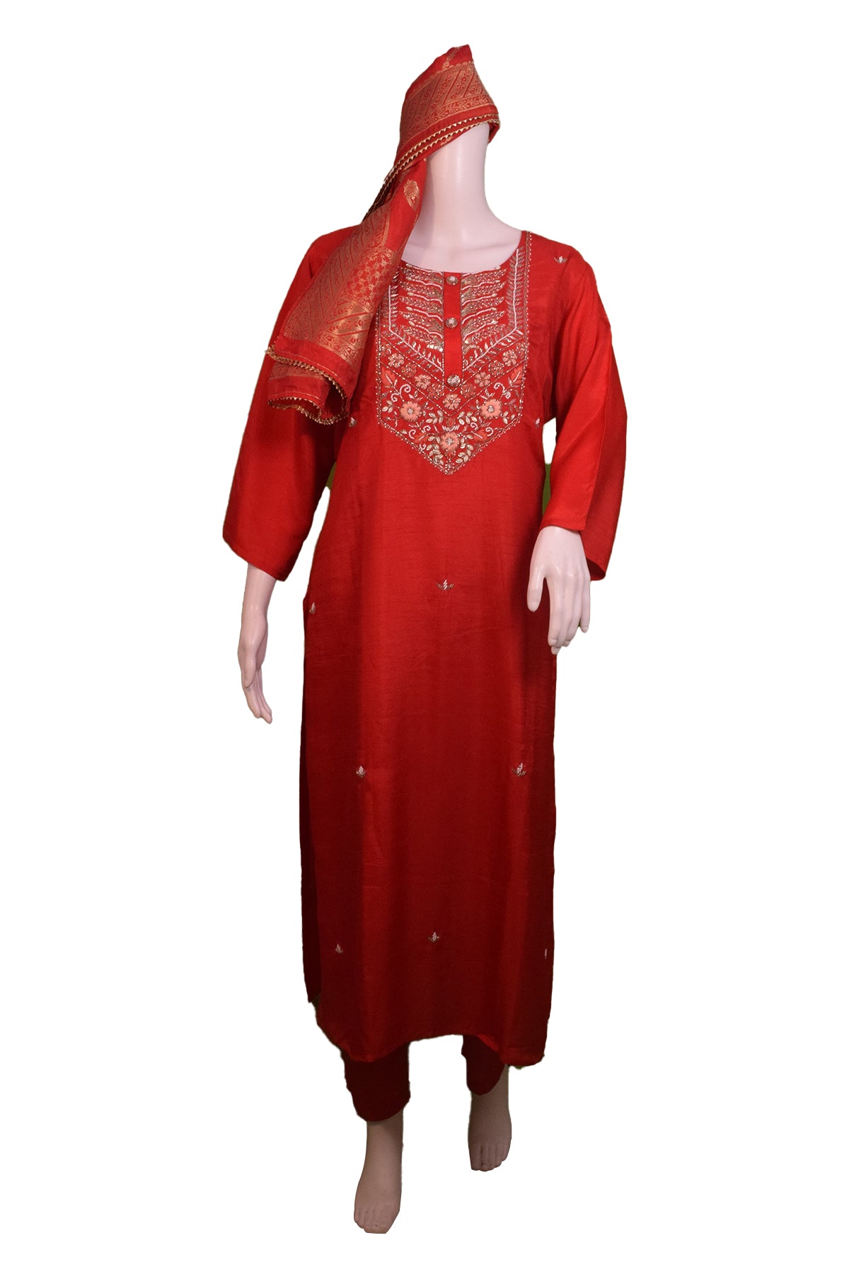 Silakaari Women's Dola Silk Heavy Gota Hand Work Kurti Pant Dupatta Set