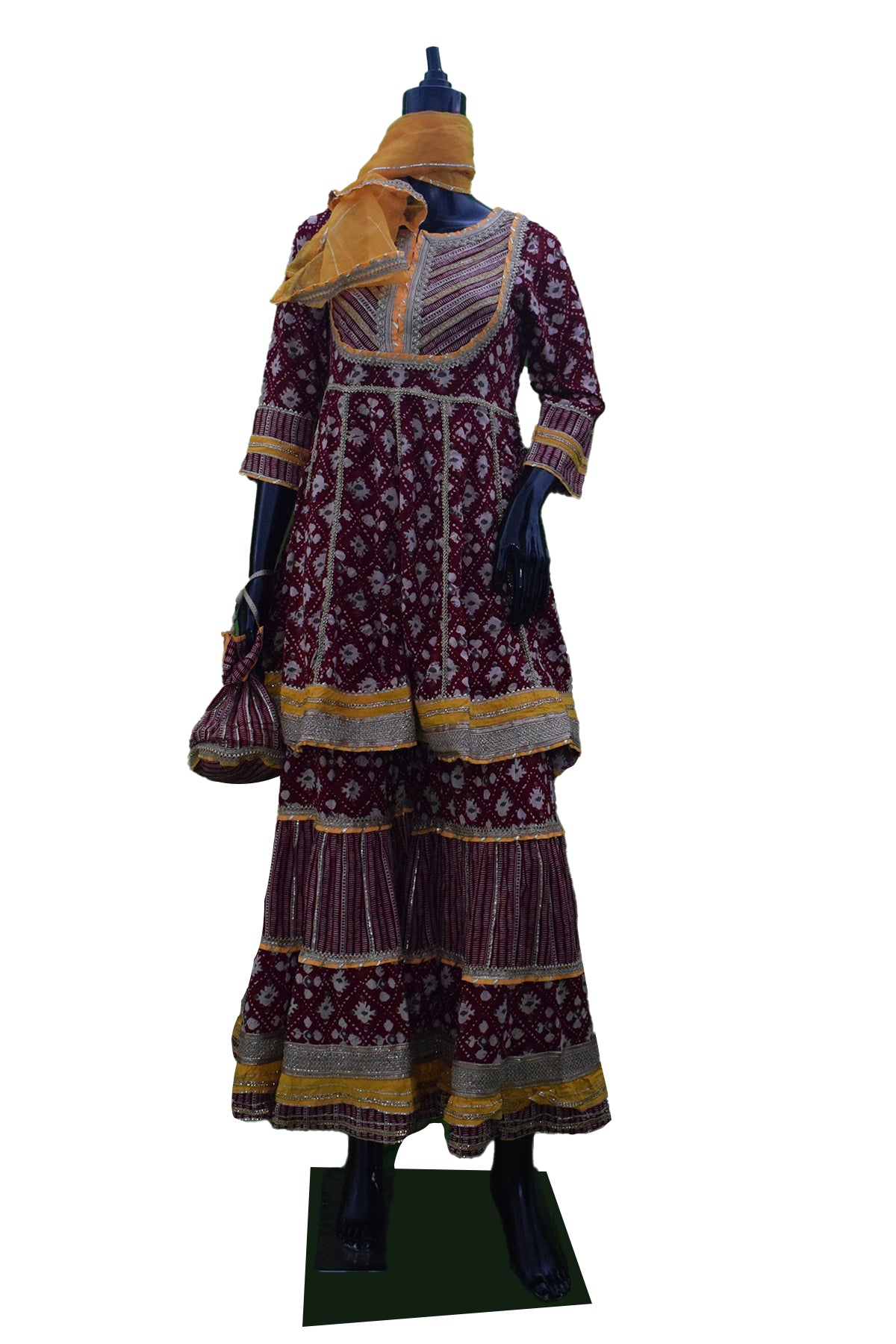 Silakaari Women's Maroon & Yellow Heavy Gotta Patti Full Garara Set With Potli