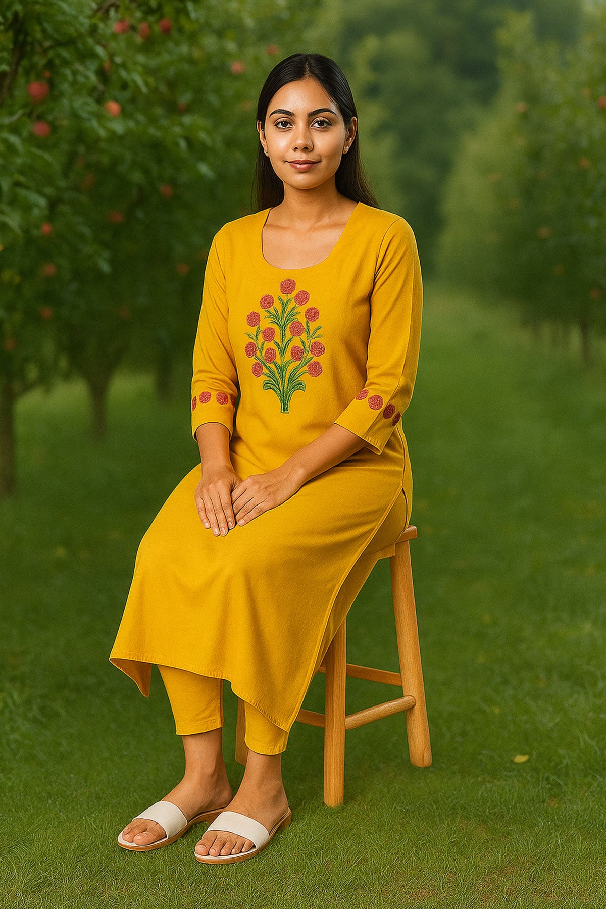 Silakaari Yusra Yellow Rayon Aline Embroidery Kurti