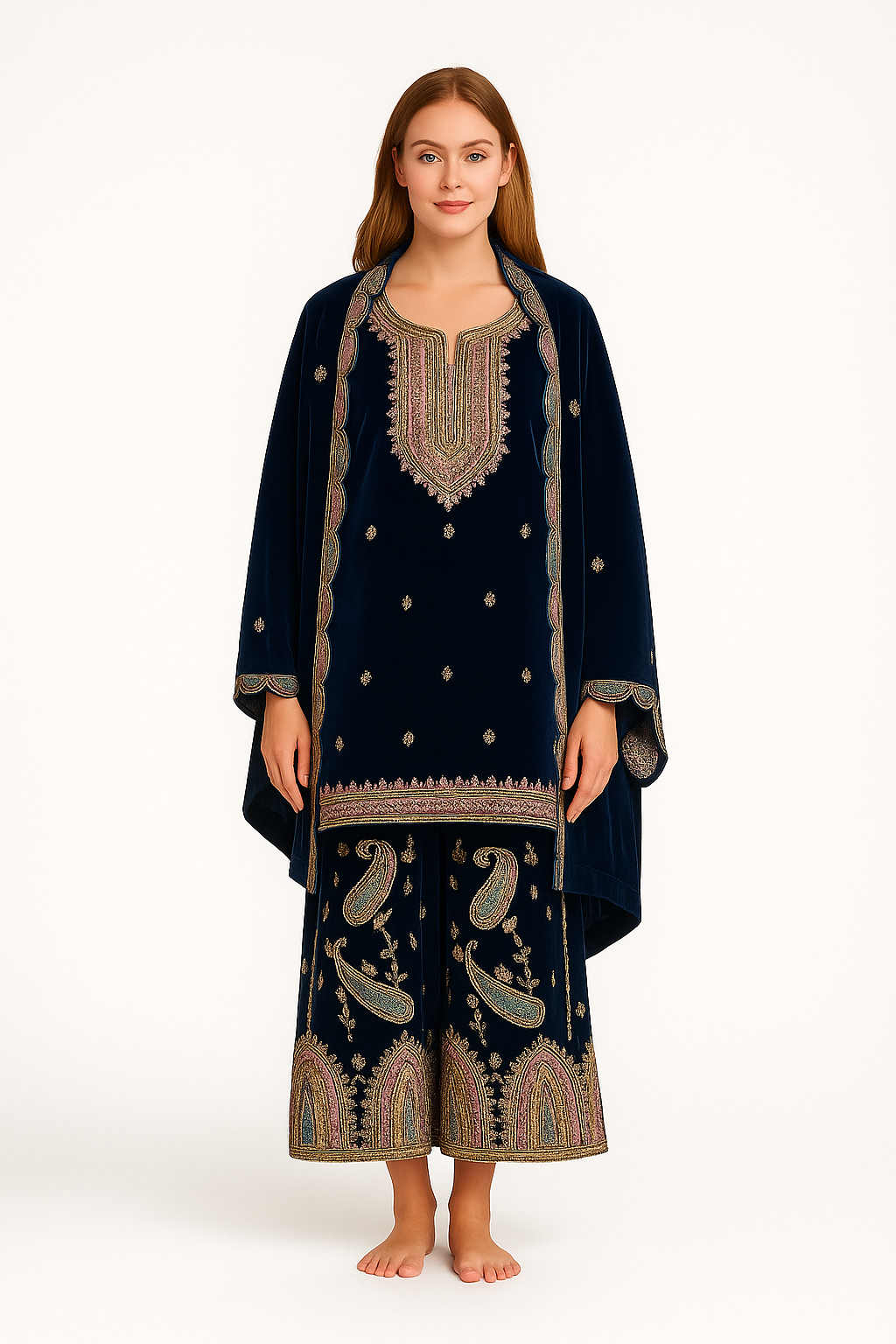 Silakaari Gehraiyaan Dark Blue-Gold Sequin Zari Bridal Pure Velvet Kurti Palazzo Set