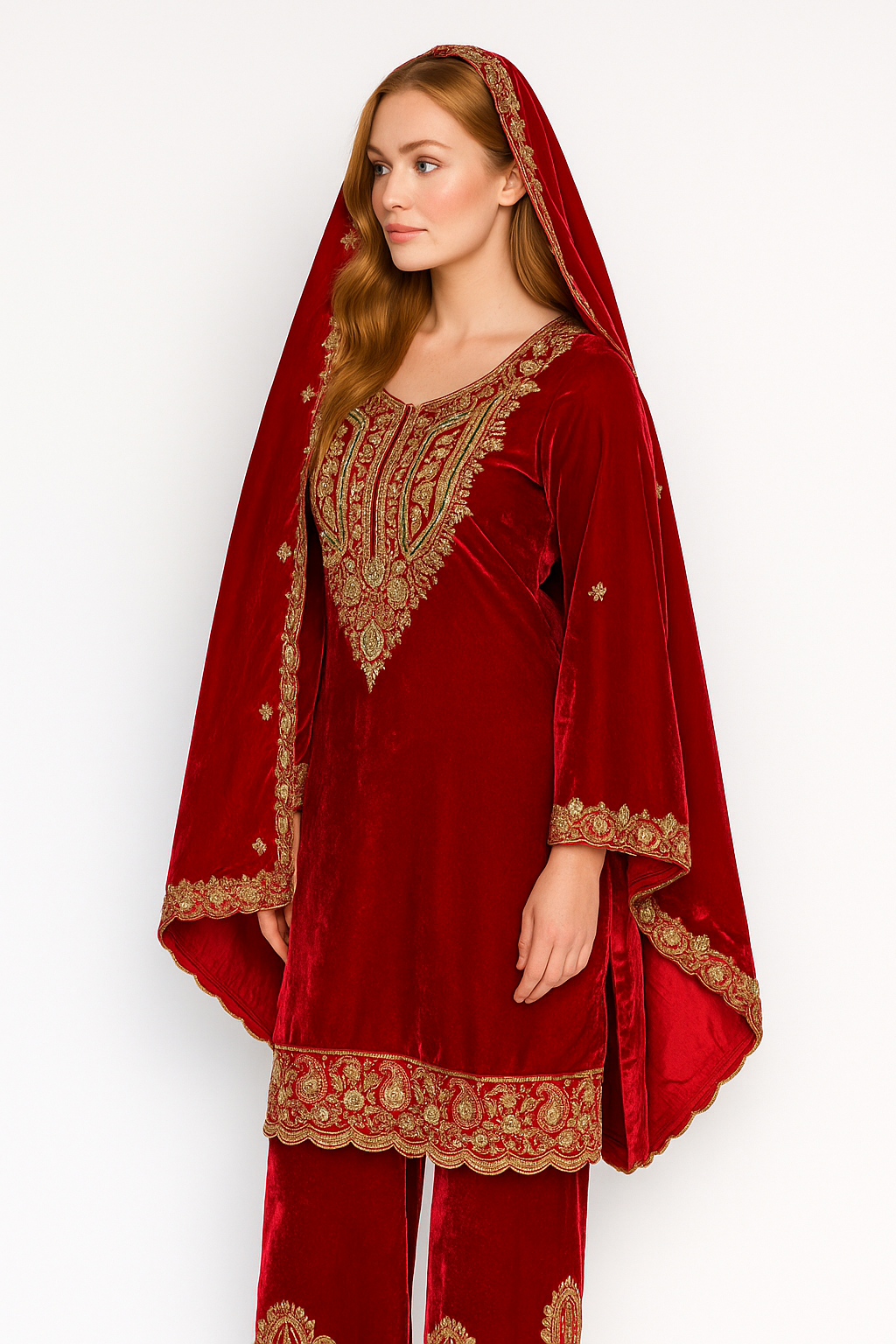 Silakaari Mahogony Maroon Gold Sequin Heavy Bridal Velvet Garara Palazzo Set