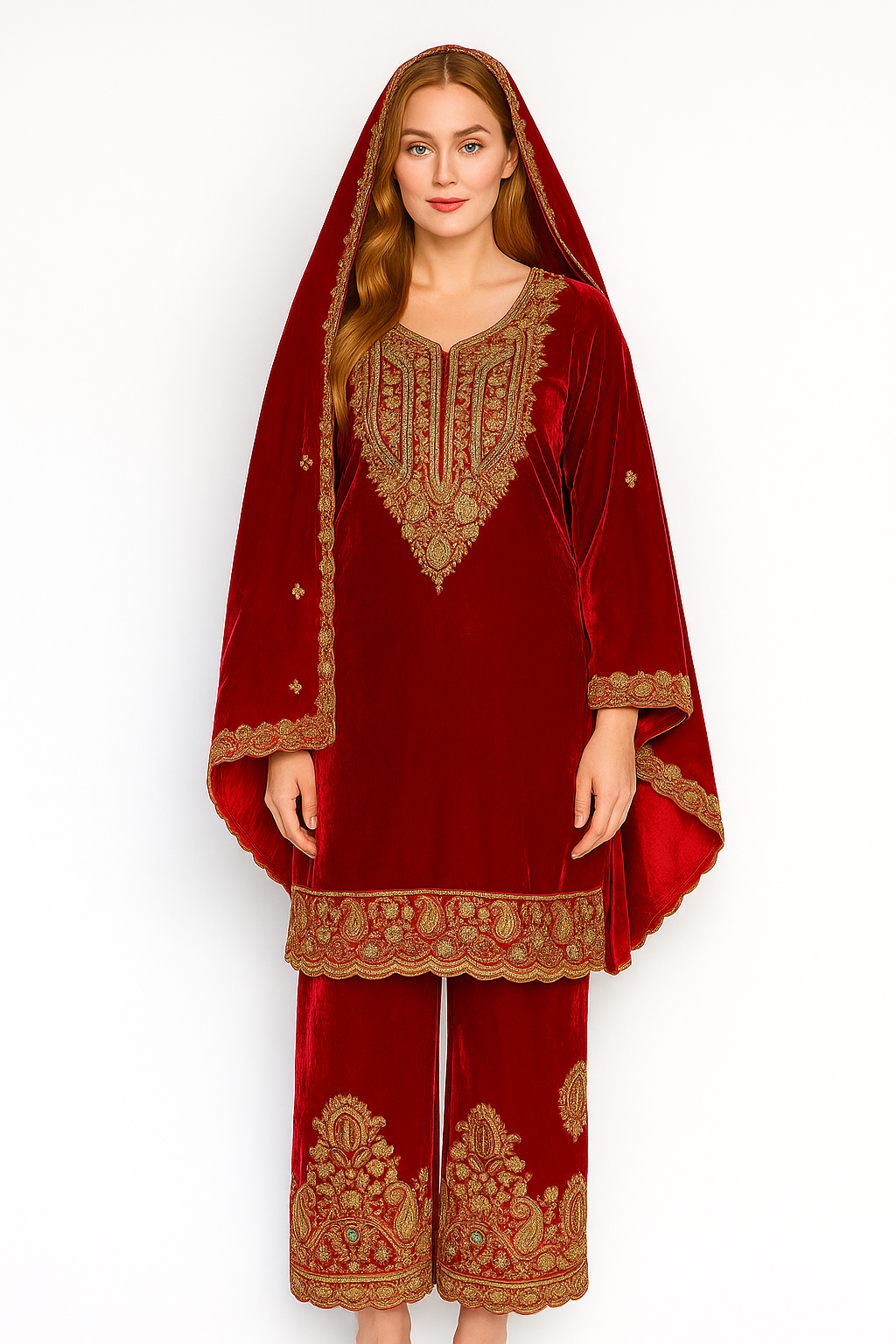 Silakaari Mahogony Maroon Gold Sequin Heavy Bridal Velvet Garara Palazzo Set