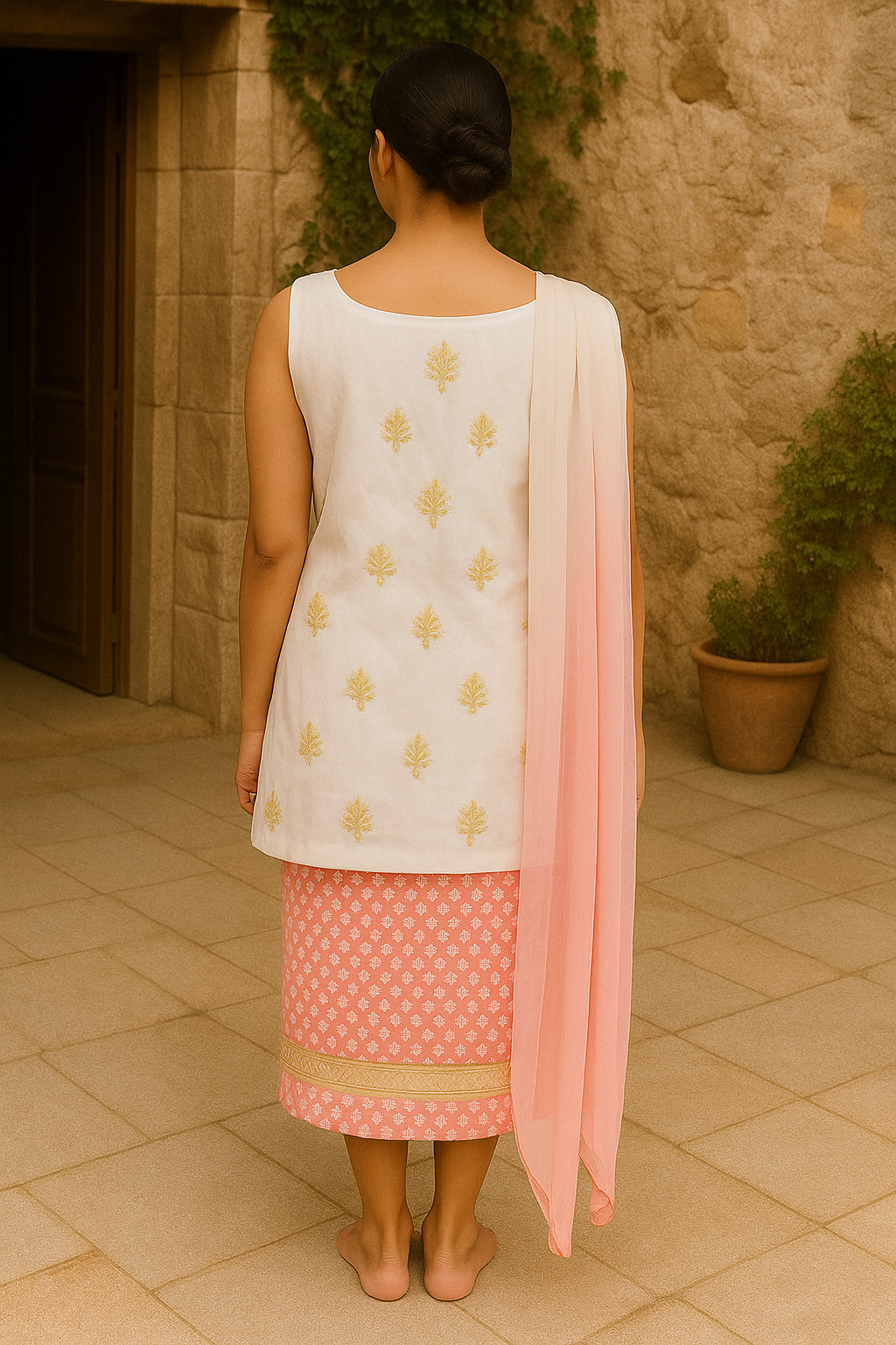 Silakaari Gulabi Polka Dot Pure Cotton Premium Lucknowi Dress Material With Dupatta