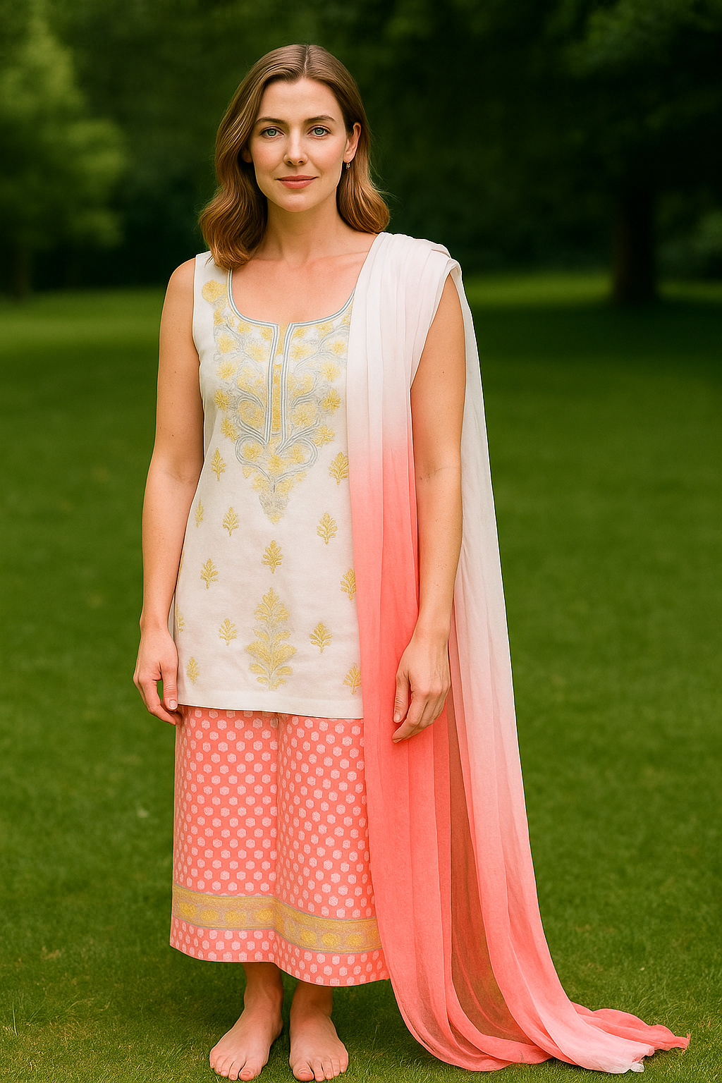 Silakaari Gulabi Polka Dot Pure Cotton Premium Lucknowi Dress Material With Dupatta