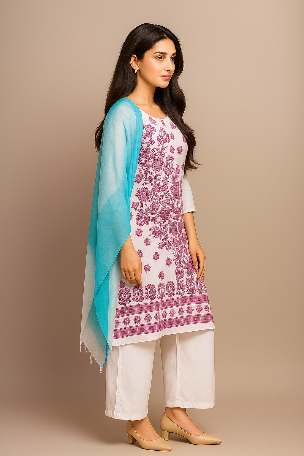 Silakaari Kamsin White-Purple Pure Chikankari Super Fine Embroidery Unstitched Dress Material