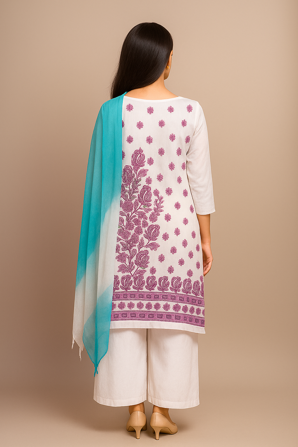 Silakaari Kamsin White-Purple Pure Chikankari Super Fine Embroidery Unstitched Dress Material