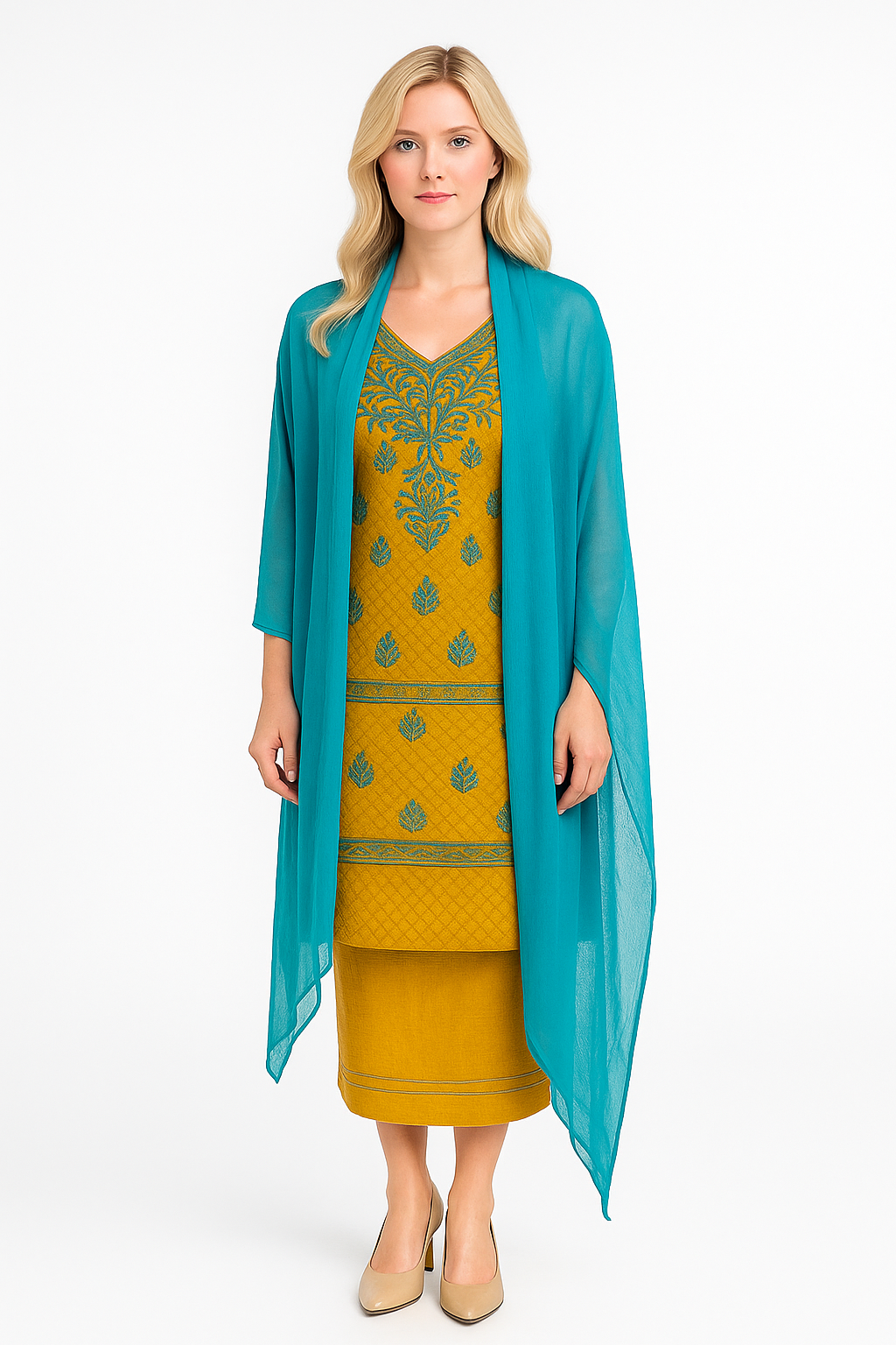 Silakaari Suhagan Beige-Blue Premium HandWork Lucknowi Chikankari Unstitched Dress Material