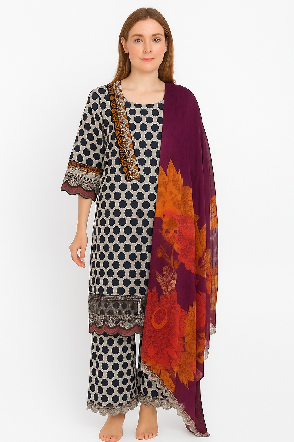 Silakaari Farhat Polka Dot Pure Lawn Beige-Black Luxury Ready-Made Dress